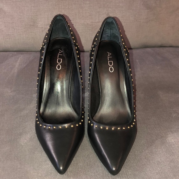 Aldo Black Leather Heels w/ Gold Studs - Picture 2 of 6